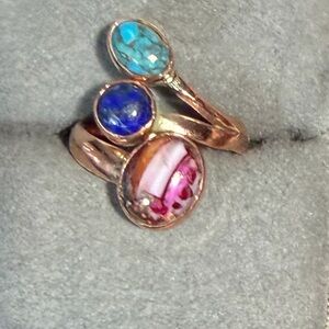 Triple Stone Copper Statement Ring – Size 8 – Turquoise, Lapis & Jasper  sz 8